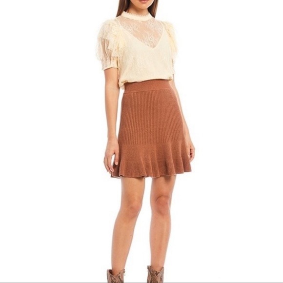 Free People Solid Gold skirt sweater ribbed ruffle trim in Cocoa Heather XS - Picture 1 of 2